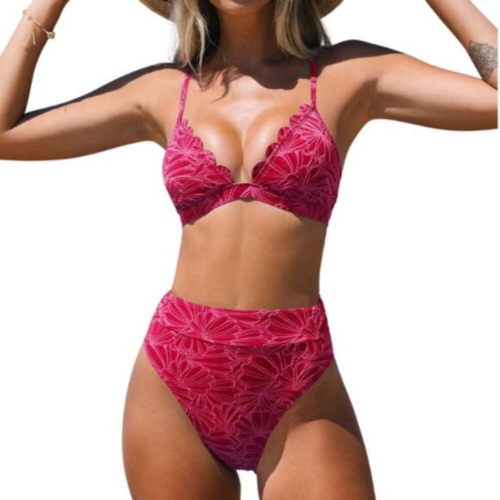 Cupshe Women's Pink Floral Jacquard‎ Scalloped Bralette & High Waist Bikini XS